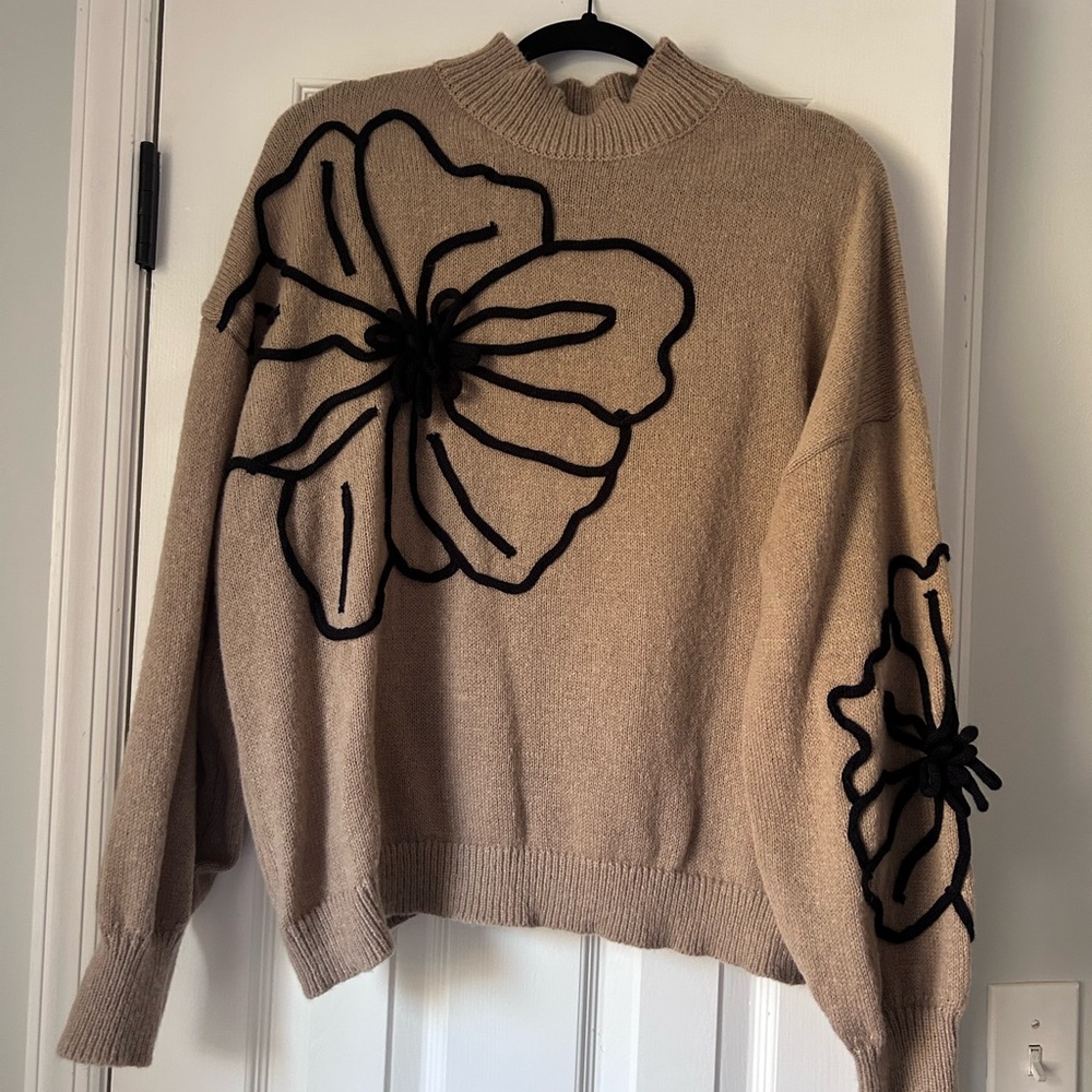 SHEIN Tan Sweater with Black Floral Design